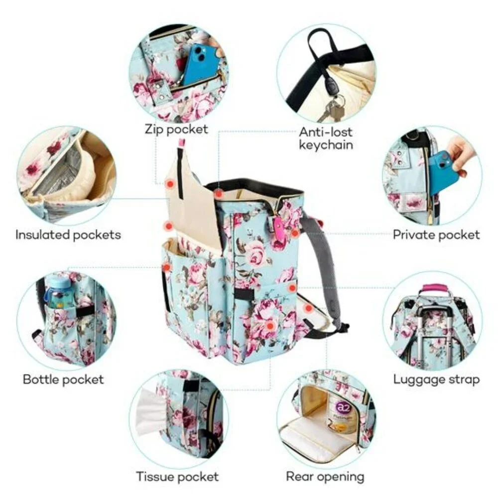 Large floral diaper bag backpack waterproof maternity travel baby bag with pad